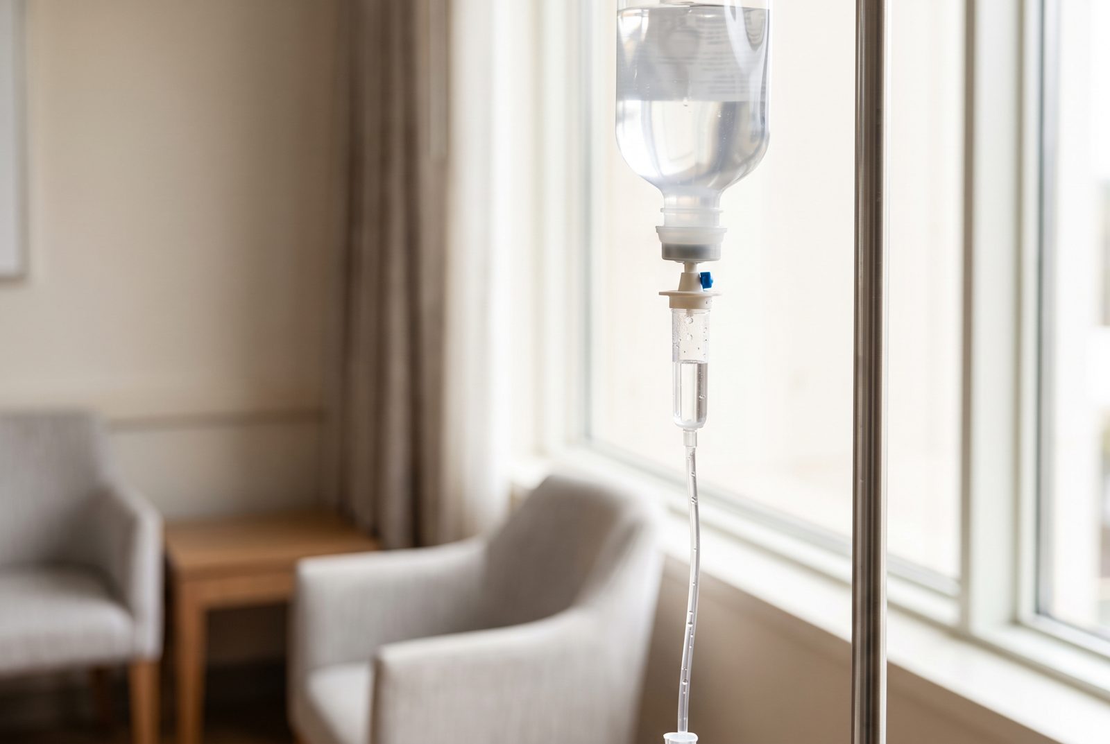 I.V. hydration bag in soft window light